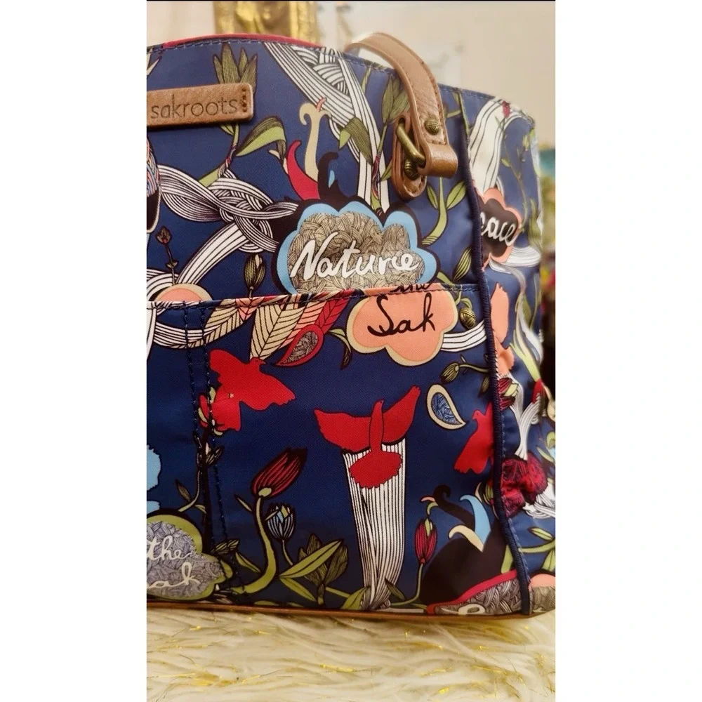 Sakroots Women's Peace Satchel Handbag Blue Multi Floral Birds And Makeup Bag